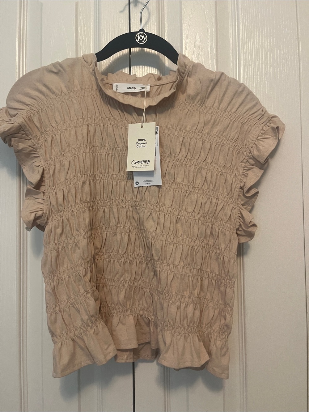 NWT MNG Beige Smocked Ruffle Sleeve Blouse size L (runs small)